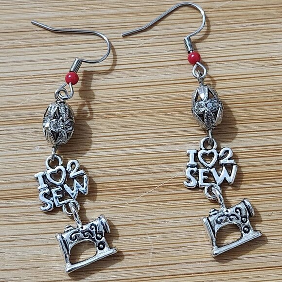 Hand Crafted Earrings with Sewing Machine Charm Rhinestone Silver Red Dangle - Picture 1 of 4